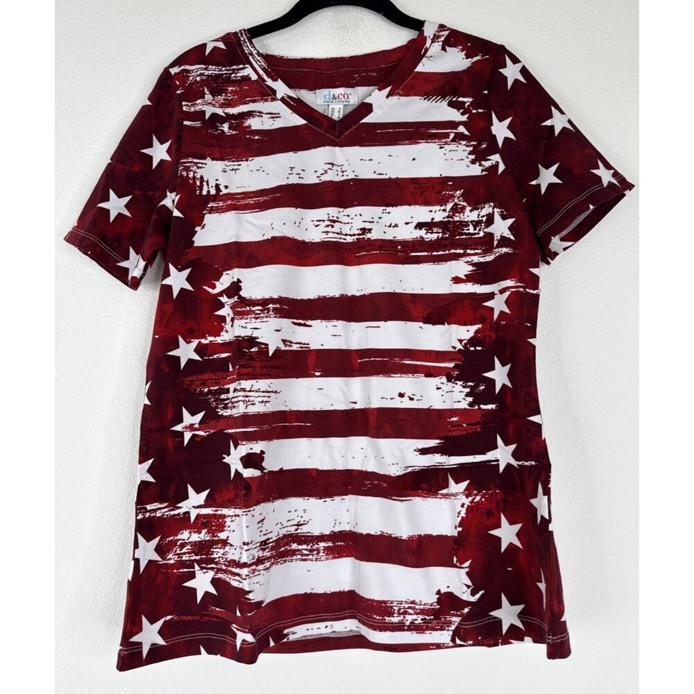 Denim & Co American Flag Print Short Sleeve V-Neck Top S A291647 NEW